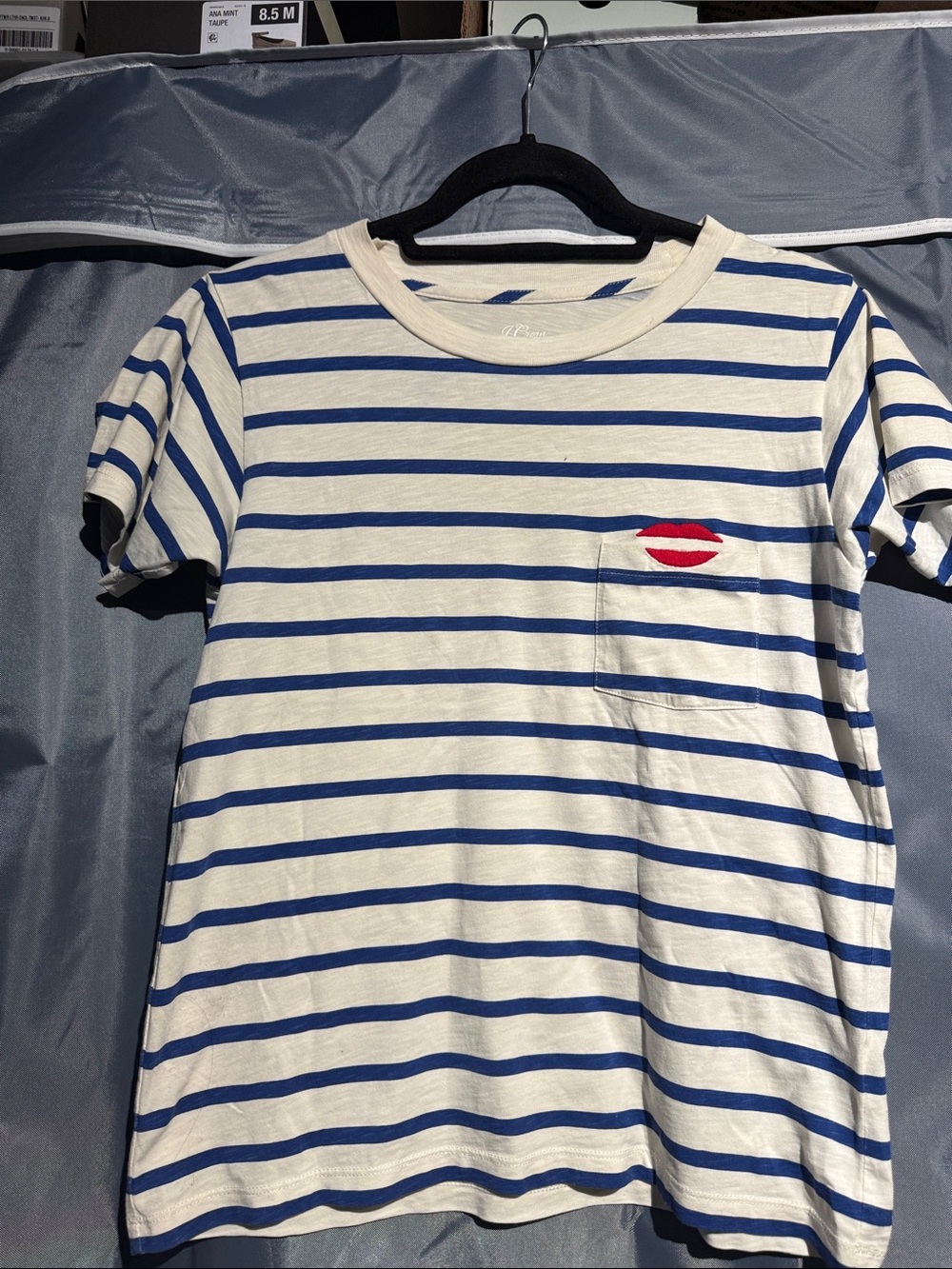 J. Crew White & Blue Striped Pocket Tee with Red Lip Patch